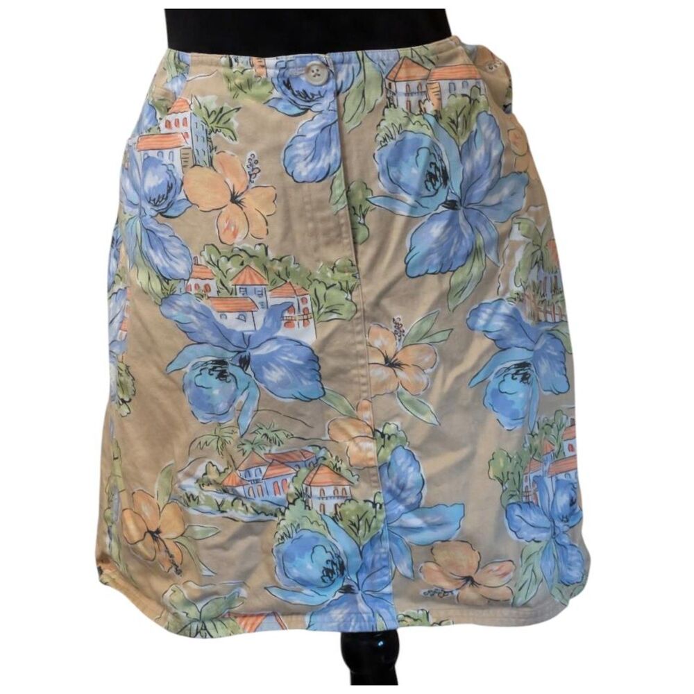 Harold's Vintage Hawaiian Tropical Floral Cotton Mini Skirt Size 14 Khaki Blue